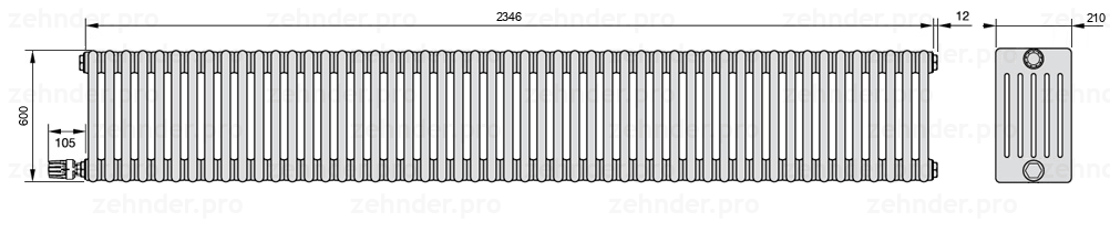 Схема (чертеж) Радиатор Zehnder Charleston 6060/51 №V003 Белый глянцевый RAL 9016